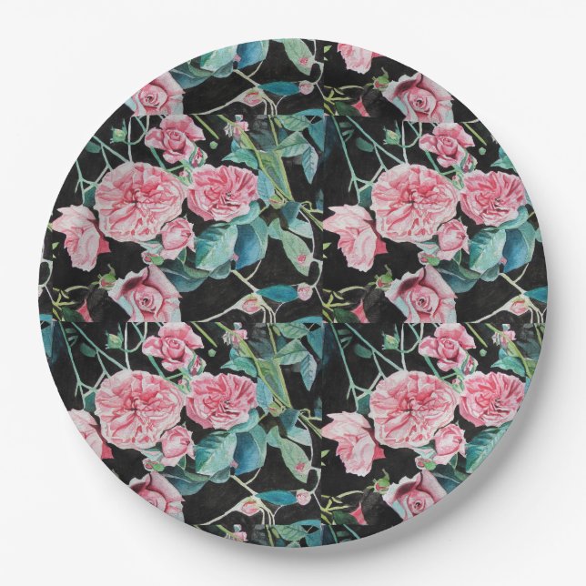 Pink Black Roses Floral flowers Party Paper Plate (Front)