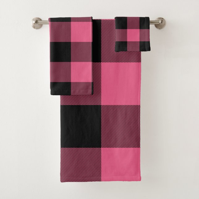 Pink & Black Rustic Buffalo Plaid Chequered Checks Bath Towel Set (Insitu)
