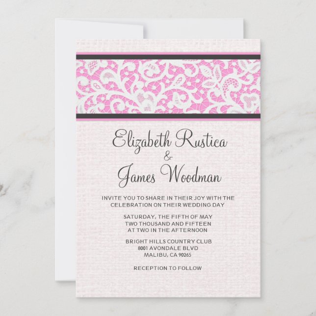 Pink Black Rustic Burlap Linen Wedding Invitations (Front)