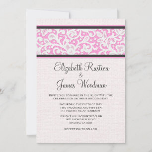 Pink Black Rustic Burlap Linen Wedding Invitations