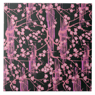 PINK BLACK SAKURA FLOWERS Japanese Floral Pattern Ceramic Tile