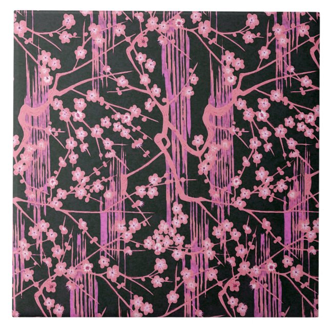 PINK BLACK SAKURA FLOWERS Japanese Floral Pattern Ceramic Tile (Front)