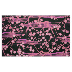 PINK BLACK SAKURA FLOWERS Japanese Floral Pattern  Fabric