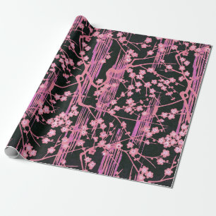 PINK BLACK SAKURA FLOWERS Japanese Floral Pattern Wrapping Paper