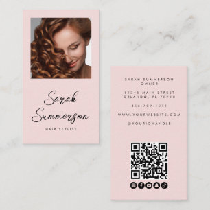 Pink Black Script Photo QR Code Hair Stylist Business Card