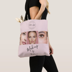  Pink Black Script Your Logo 3 Photo Makeup Tote Bag