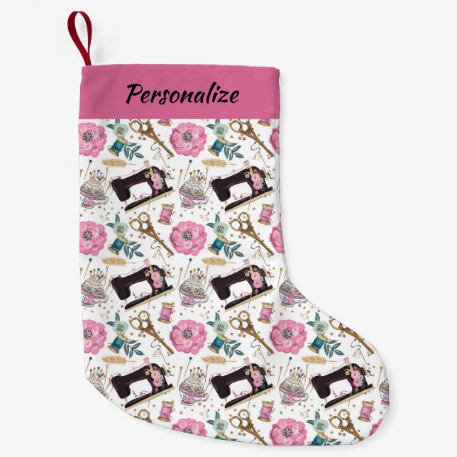 Pink Black Sewing Maching Thread Design Christmas  Small Christmas Stocking (Front)