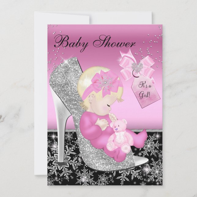 Pink Black Shoe & Snowflake Girl Baby Shower Invitation (Front)