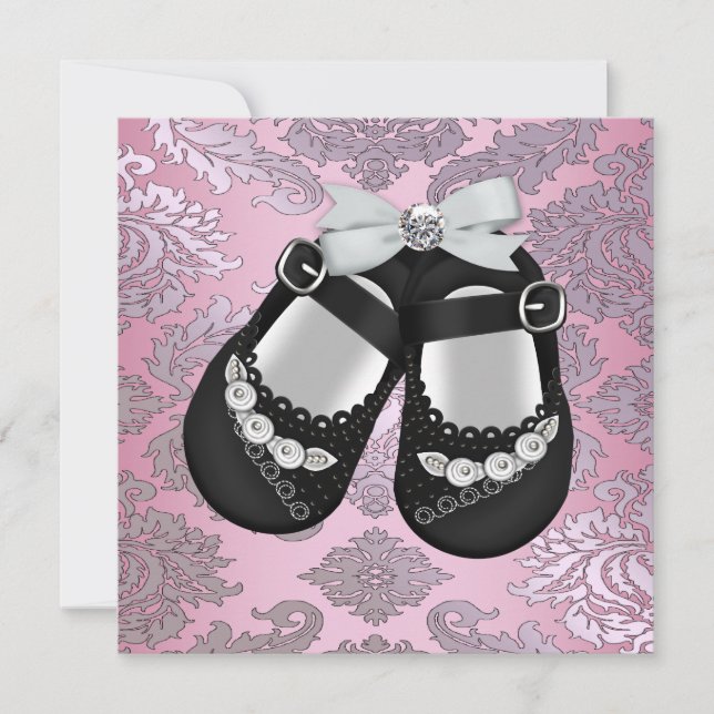 Pink Black Shoes Pink Black Damask Baby Girl Invitation (Front)