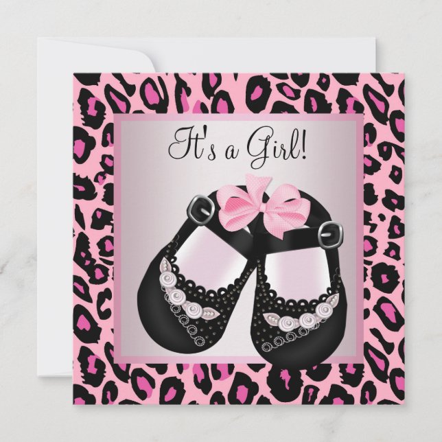 Pink Black Shoes Pink Leopard Baby Girl Shower Invitation (Front)