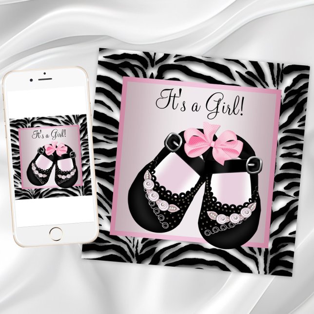 Pink Black Shoes Pink Zebra Baby Shower Invitation (Girl zebra baby shower invitations with shoes. Instant download and printed invitations available.)