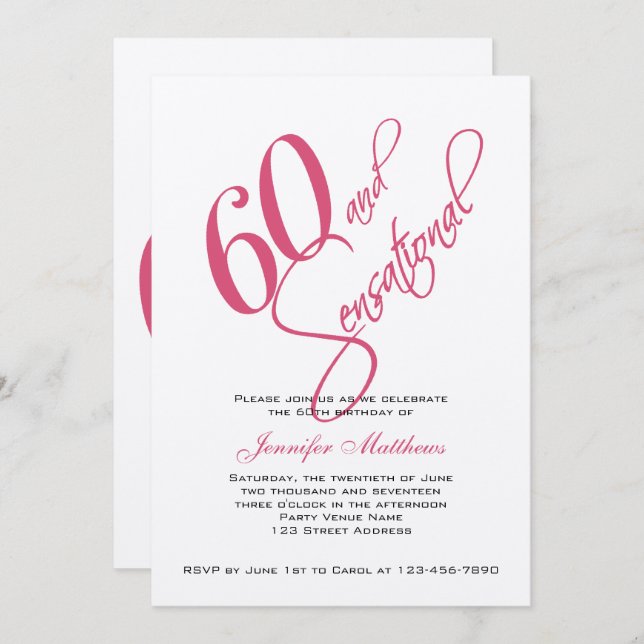 Pink Black Silver 60th Birthday Invitations (Front/Back)
