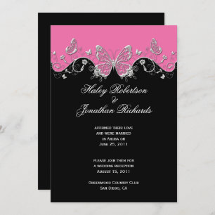 Pink Black Silver Butterflies Post Wedding Invitation