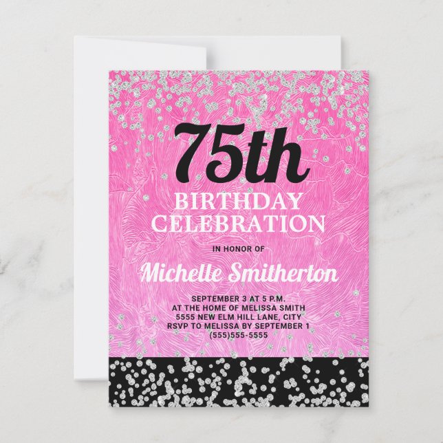 Pink Black Silver Glitter Adult 75th Birthday Card (Front)
