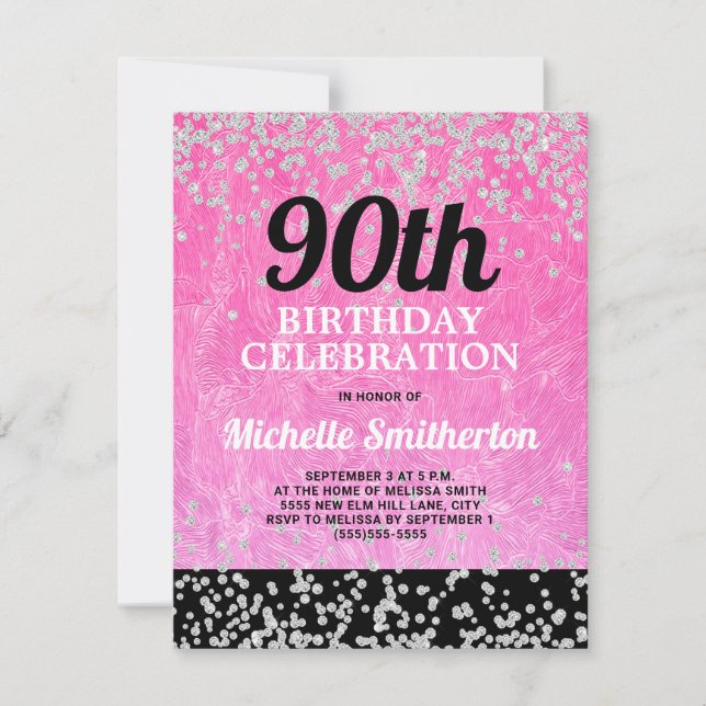 Pink Black Silver Glitter Adult 90th Birthday Card (Front)