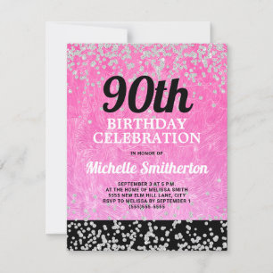 Pink Black Silver Glitter Adult 90th Birthday Card