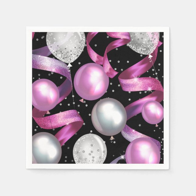 Pink Black Silver Glitter Sweet 16 Birthday Party Napkin (Front)