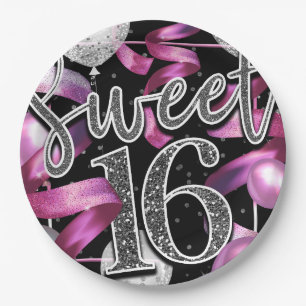 Pink Black Silver Glitter Sweet 16 Birthday Party Paper Plate