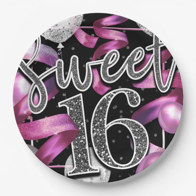 Pink Black Silver Glitter Sweet 16 Birthday Party Paper Plate (Front)