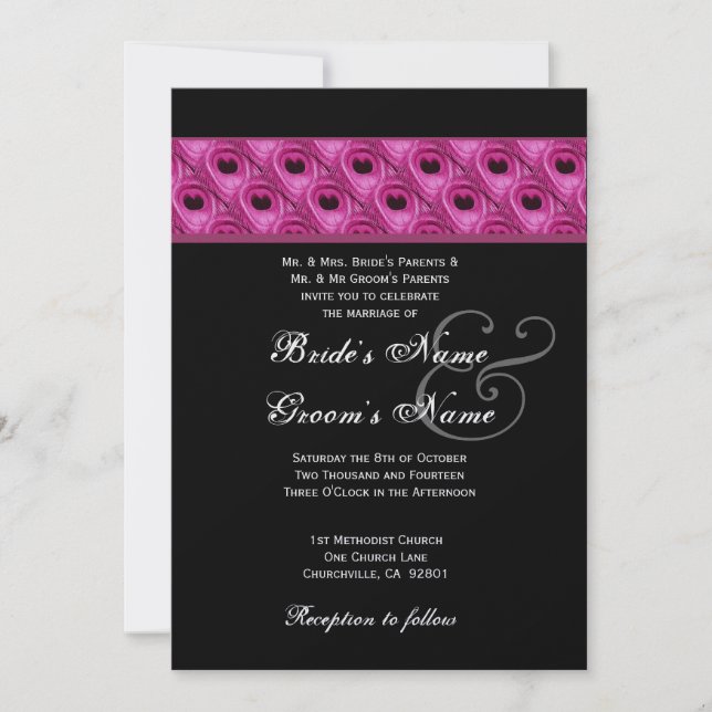 Pink Black Silver Peacock Wedding Metallic Invitation (Front)