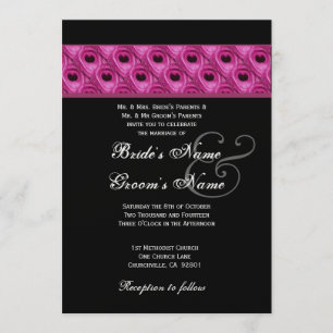 Pink Black Silver Peacock Wedding Metallic Invitation