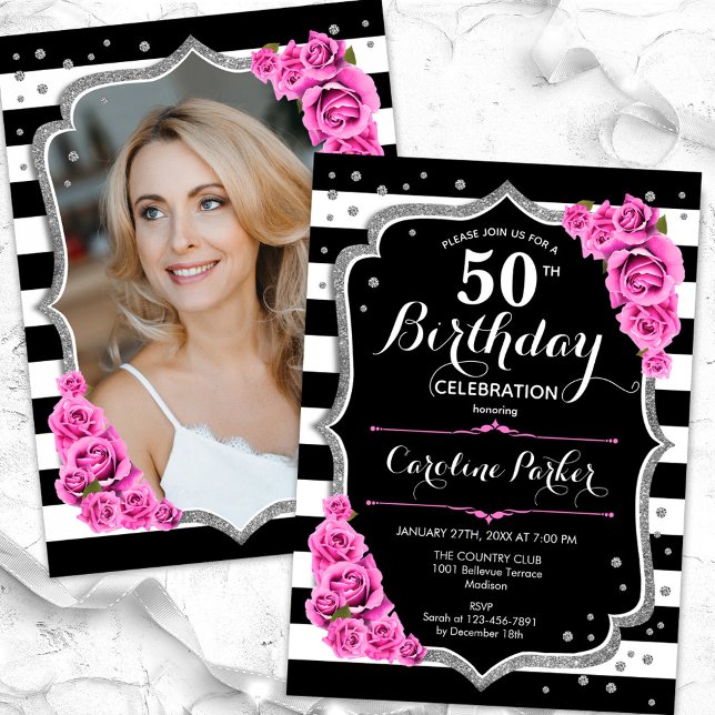 Pink Black Silver Photo 50th Birthday Invitation (Creator Uploaded)