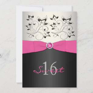 Pink Black Silver PRINTED Ribbon Sweet 16 Invite