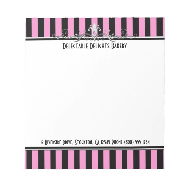 Pink Black Silver Striped & Scrolled Notepad (Front)