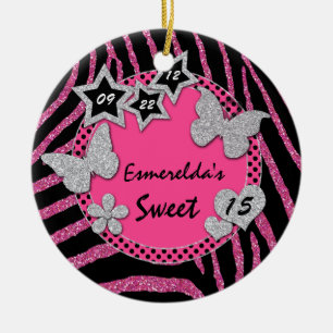 Pink Black Silver Zebra Sweet 15 Photo Ornament