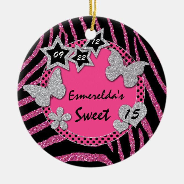 Pink Black Silver Zebra Sweet 15 Photo Ornament (Front)