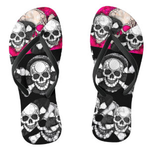 Pink Black Skull Bling Pattern Thongs