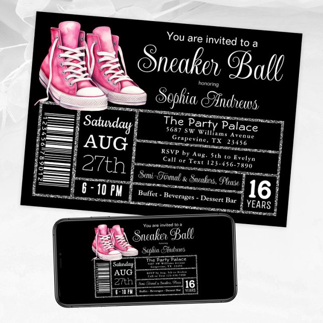 Pink Black Sneaker Ball Birthday Party Shoe Label Invitation (Pink sneakers sneaker ball invitation. Available for instant download and print.)
