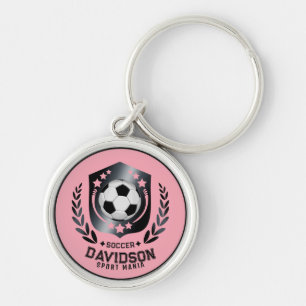 Pink Black Soccer Ball With Custom Name Text Key Ring