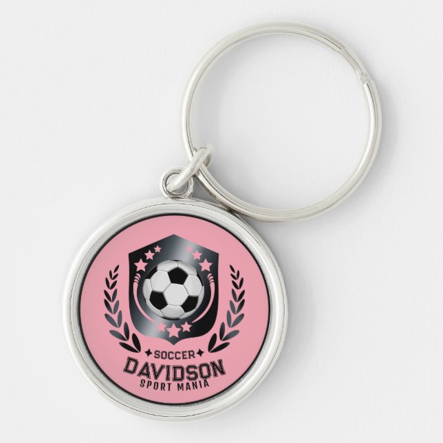 Pink Black Soccer Ball With Custom Name Text Key Ring (Front)