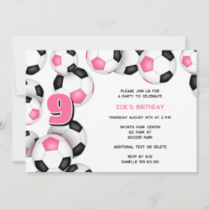 pink black soccer balls kids birthday party invitation