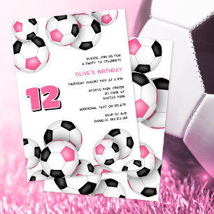 pink black soccer balls kids birthday party invitation