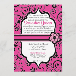 Pink & Black Spanish Quinceañera Invitation
