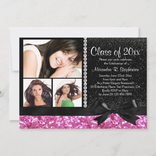 Pink/Black Sparkle Bow 3 Photo Graduation Party Invitation (Front)