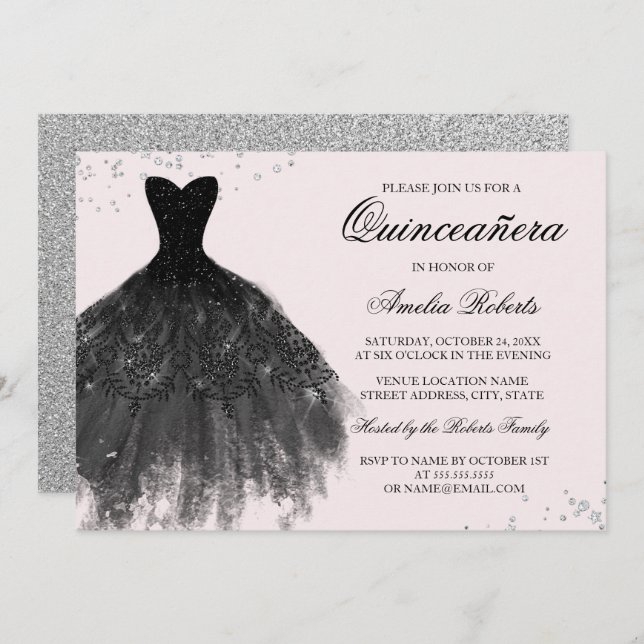 Pink Black Sparkle Dress Quinceanera Invitation (Front/Back)