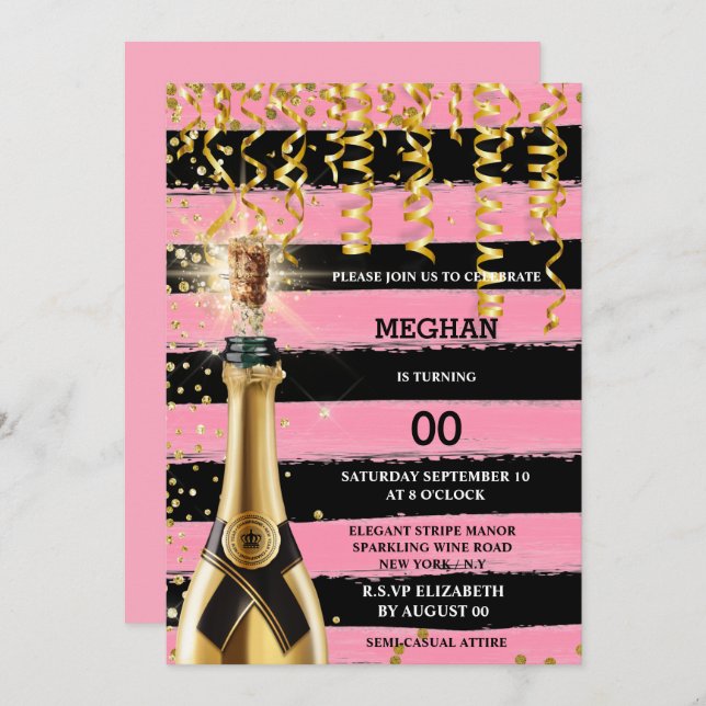 Pink black sparkling wine elegant stripes glitter  invitation (Front/Back)