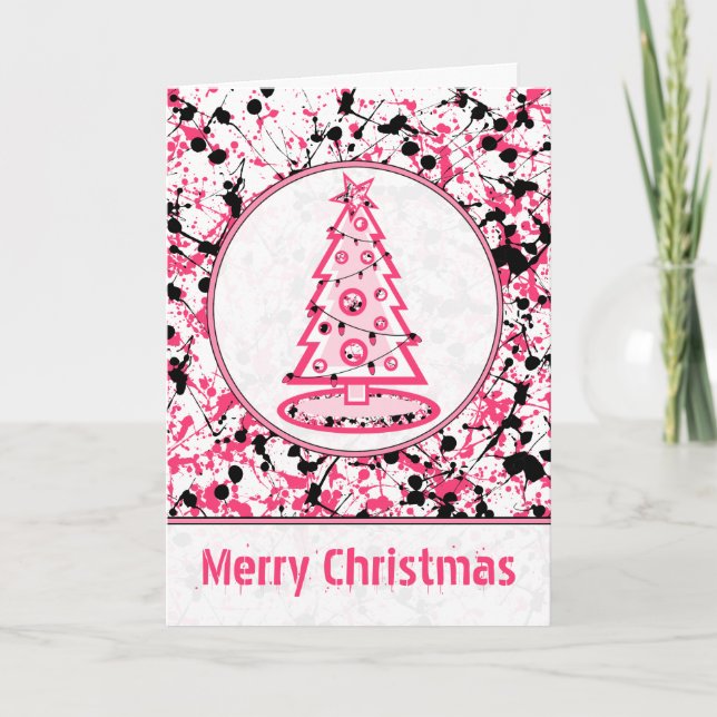 Pink & Black Splatter Christmas Tree Card (Front)
