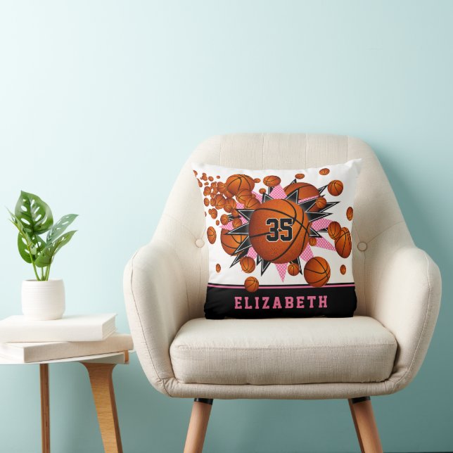 pink black sports room girls basketballs stars cushion (Chair)