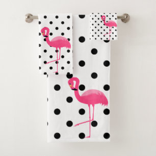 PINK BLACK SPOT FLAMINGO BATHROOM TOWEL SET