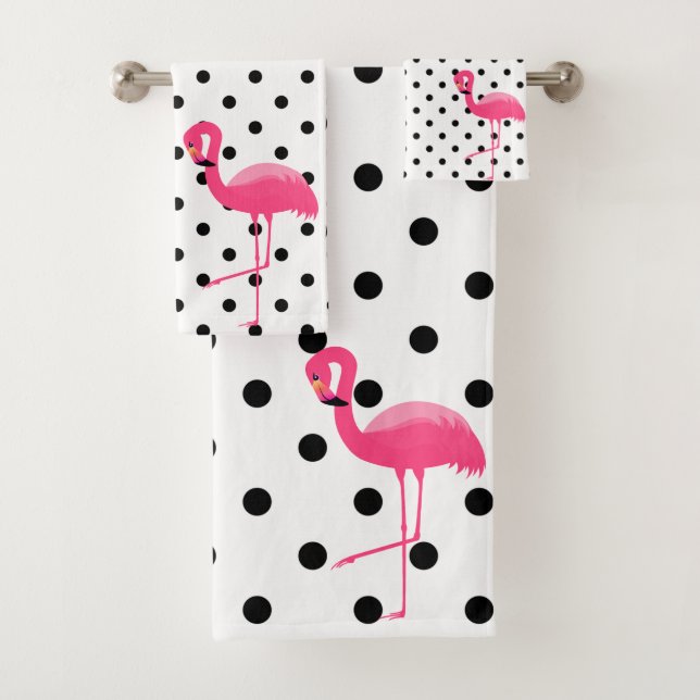PINK BLACK SPOT FLAMINGO BATHROOM TOWEL SET (Insitu)