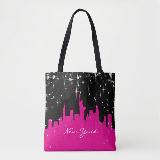 Pink & Black Starry Night - New York Skyline Tote Bag (Front)