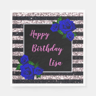 Pink Black Stripes Glitter Deep Blue Rose Birthday Napkin