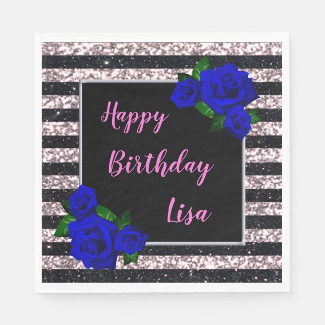 Pink Black Stripes Glitter Deep Blue Rose Birthday Napkin (Front)