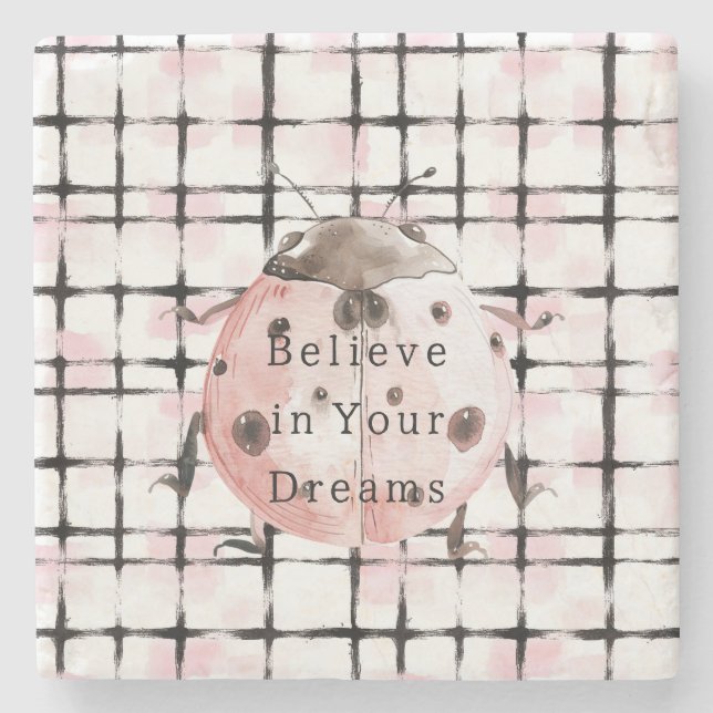 Pink Black Stripes Ladybug Stone Coaster (Front)