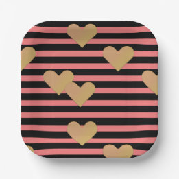 Pink & Black Stripes Valentine Paper Plate