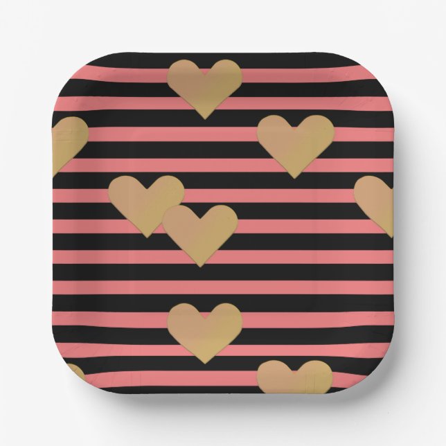 Pink & Black Stripes Valentine Paper Plate (Front)